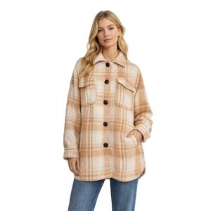 Sebby Plaid Flannel Jacket Sz M Beige Coat Farmcore Rustic Outdoor Thermal Cabin